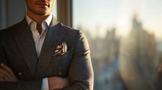 A well-dressed man in a tailored blazer stands confidently by a window, showcasing a stylish pocket square against a city skyline.
