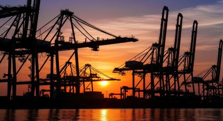 Obraz premium Industrial Port Cranes Silhouetted Against a Vibrant Sunset Sky.