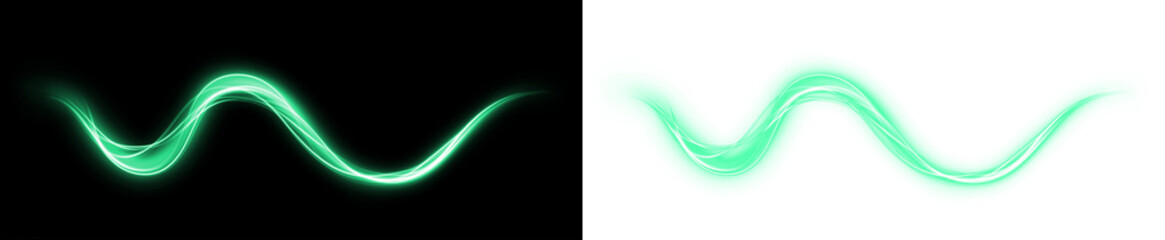 Abstract green light wave overlay on contrasting black and white backgrounds, creating a dynamic visual effect suitable for creative design projects and digital artwork