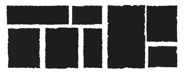 Set of black frames made of torn paper with jagged edges. Rectangles and torn silhouettes for collage, sticker, banner, label, text box. Grunge vector elements isolated on white background