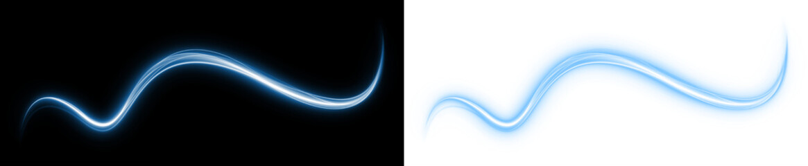 Blue light wave overlay on black and white backgrounds, creating a dynamic visual effect, ideal for design projects and artistic compositions with copy space