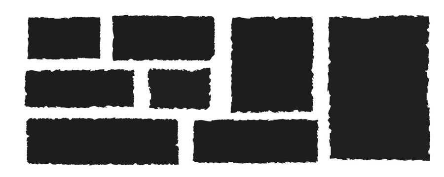 Set of black torn paper shapes with jagged edges. Ripped rectangle frames, grunge textured elements for collage, sticker, banner, text box. Vector silhouettes isolated on white background