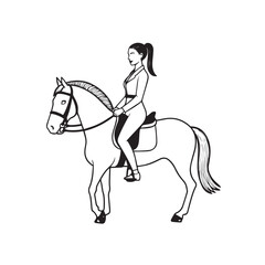 Black and white line art of a beautiful woman with perfect body riding horse elegant minimalist illustration