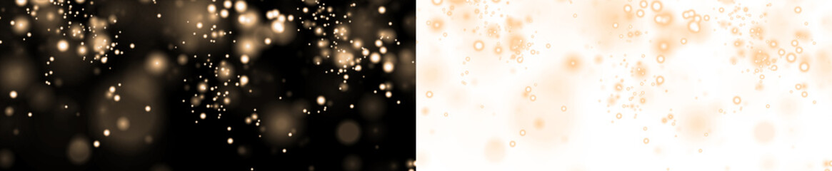 Sparkling bokeh overlay with golden hues on contrasting black and white backgrounds, creating a magical atmosphere for design projects and visual storytelling