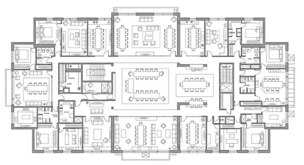 Architectural blueprint of a large building floor plan with many rooms and spaces