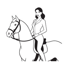 Black and white line art of a beautiful woman with perfect body riding horse elegant minimalist illustration