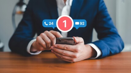 Digital Communication: A modern professional in a sleek suit navigates their smartphone, with digital notification icons superimposed.