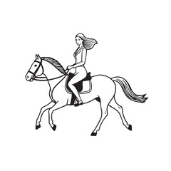 Black and white line art of a beautiful woman with perfect body riding horse elegant minimalist illustration