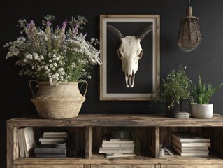A rustic, dark-toned interior scene features a framed animal skull, a woven basket filled with wildflowers, and greenery adorning a wooden sideboard.