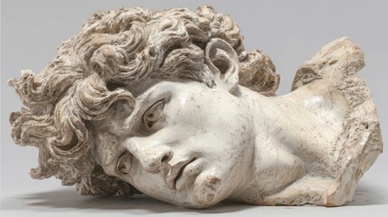 Naklejka premium Close up view of an off white ceramic sculpture depicting a male head and neck, textured surface with speckled details.