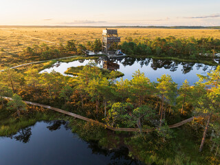 Scenic aerial drone view of a wooden watchtower and boardwalk over a tranquil bog lake in Estonia at golden sunrise.