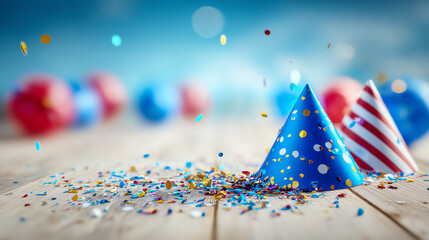 Colorful party hats and confetti scattered on a wooden surface, capturing a festive and joyful atmosphere for celebrations.