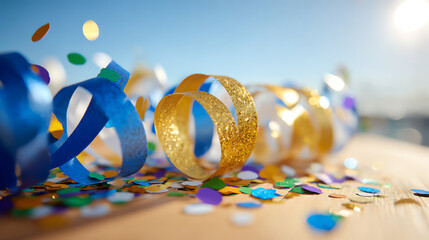 Colorful ribbons and confetti create a festive atmosphere, perfect for celebrations and joyful occasions under a bright, sunny sky.