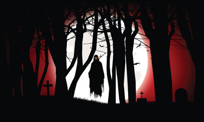 Halloween scene; the ghost come on the haunted forest when full moon 