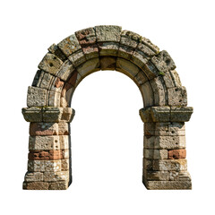 Ancient stone archway with weathered brickwork on transparent background
