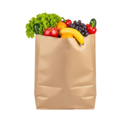 Paper bag filled with fresh fruits and vegetables on transparent background