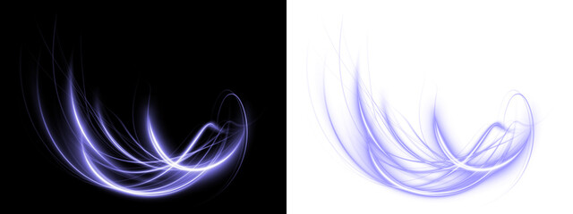 Abstract purple light swirl illustration on black and white backgrounds, showcasing dynamic movement and energy, perfect for creative design and artistic projects