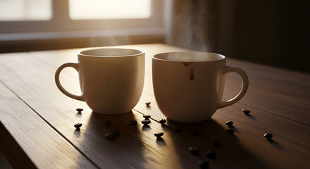 Cozy mood with coffee cups placed on wooden table in natural morning glow