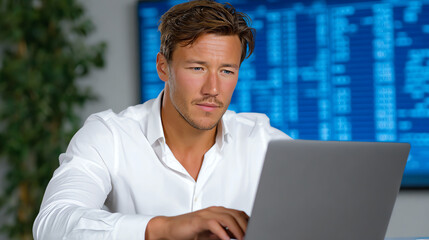 Focused young man working on a laptop, analyzing data with charts in the background, symbolizing modern work environment.
