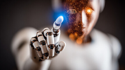 Futuristic robot with a glowing eye, representing advanced technology and artificial intelligence in a modern world.