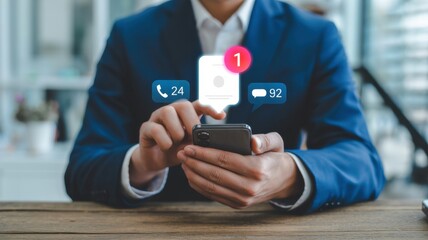Digital Interaction: A professional individual is absorbed in the digital realm, expertly navigating their mobile device, with notifications indicating incoming calls, messages and more.