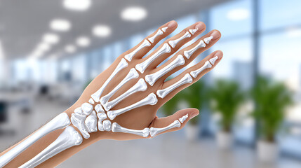 Illustration of a human hand skeleton, showcasing intricate bone structure against a blurred office background.