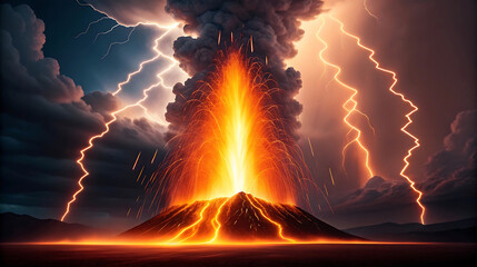 Volcano erupting with lava fountain and lightning strikes