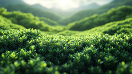 Lush green landscape with vibrant foliage under soft sunlight, showcasing the beauty of nature and tranquility.