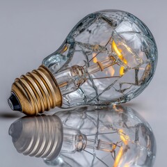 Shattered light bulb illuminated on reflective surface with intricate details