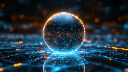 Futuristic glowing sphere on a digital network, representing technology and innovation in a captivating visual display.