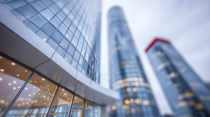 Modern skyscrapers with a sleek design reflecting in the glass surface on a cloudy day, showcasing urban architecture.