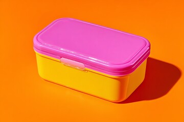  a vibrant pink and yellow lunchbox with an orange lid, set against a solid background.