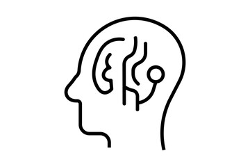 This image shows a minimalist line art illustration of a human head profile. Inside the head, there are abstract circuit-like lines, symbolizing a connection between the human brain and technology.