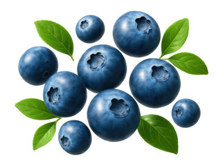 Fresh blueberries with leaves on a white background.