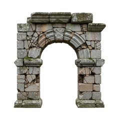Ancient stone archway with weathered brick and moss on transparent background