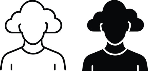 Cloud head icon, human thinking symbol, digital imagination concept