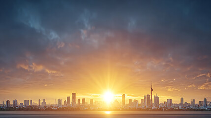 Stunning city skyline at sunset with vibrant colors and dramatic clouds creating a breathtaking urban landscape.