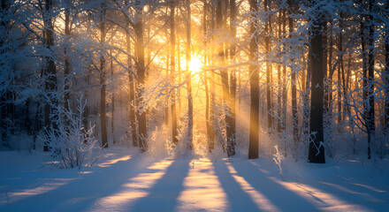 Golden Sun Rays in Snowy Forest
