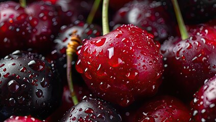 Close-up of ripe cherries glistening with water droplets; some are dark red, others a lighter shade