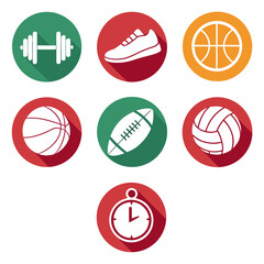 Collection of seven white sports equipment icons on colored circles