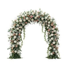 Elegant floral arch with white and pink roses on transparent background