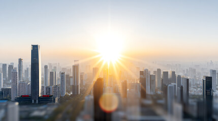 Stunning skyline view at sunrise, showcasing modern architecture and cityscape with rays of sunlight illuminating the buildings.