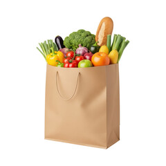 Brown paper bag filled with fresh vegetables and fruits on transparent background