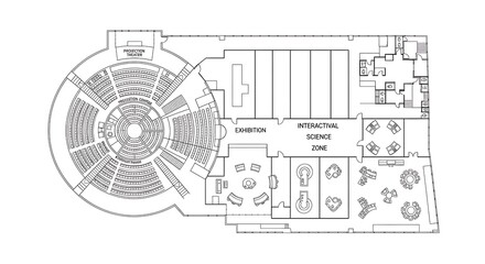 Floor plan of a circular exhibition hall with seating areas and rooms