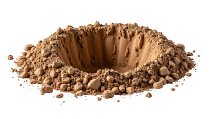 Circular mound of brown powder with small stones surrounding it, creating textured surface. scene conveys natural, earthy feel