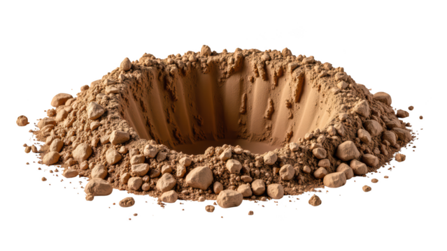 Circular mound of brown powder with small stones surrounding it, creating textured surface. scene conveys natural, earthy feel
