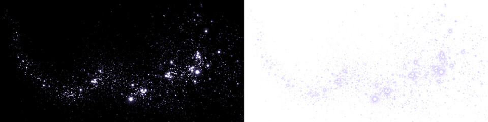Abstract cosmic png overlay featuring shimmering stars and glowing particles on contrasting black and white backgrounds, ideal for creative design projects and visual storytelling