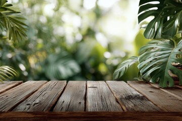 Rustic wooden table in a lush green garden