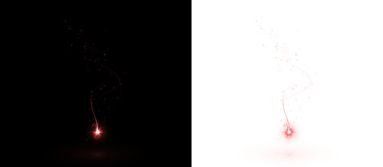 Abstract red light swirl with glowing particles on contrasting black and white backgrounds, creating a captivating visual effect for artistic and design applications