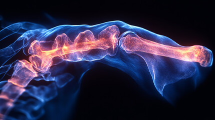 This stunning image showcases a vivid representation of a human spine, illuminated to reveal intricate details. Perfect for medical themes.
